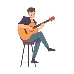 Guy Sitting on High Chair Playing Acoustic Guitar, Teenage Bot Musician Playing Strings at Musical Performance Cartoon Style Vector Illustration