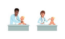 Man and Woman Pediatrician or Medical Doctor Performing Baby Checkup and Examination Vector Set