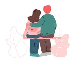 Happy Romantic Couple Sitting on Bench Embracing Each Other Back View Vector Illustration