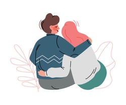Happy Romantic Couple Sitting and Embracing Each Other Back View Vector Illustration