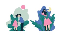 Happy Romantic Couple Embracing and Kissing Each Other Vector Set
