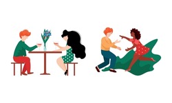 Happy Romantic Couple Drinking Wine in Restaurant and Running Towards Each Other Vector Set