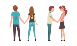 Young Male and Female Couple Holding Hands Feeling Love and Affection Vector Set