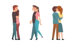 Young Male and Female Couple Embracing Feeling Love and Affection Vector Set