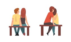 Young Male and Female Couple Sitting on Bench Feeling Love and Affection Vector Set