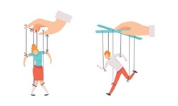 Manipulation of People with Tiny Man and Woman with Strings Controlled by Someone Vector Set