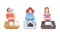 Male and female authors writing articles set. Freelance writers typing on laptop computer and writing on paper cartoon vector illustration