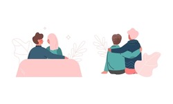 Happy Romantic Couple Sitting and Embracing Back View Vector Illustration Set