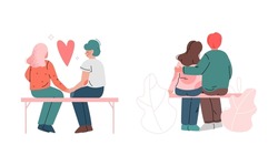 Happy Romantic Couple Sitting on Bench Holding Hand and Embracing Back View Vector Illustration Set
