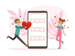 Loving Teenager Boy and Girl Near Smartphone Giving Heart Showing Love and Affection Vector Illustration