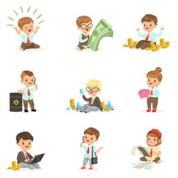 Kids In Financial Business Collection Of Cute Boys And Girls Working As Businessman Dealing With Big Money