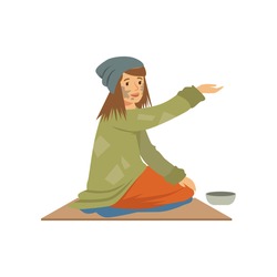 Homeless young woman character sitting on the street asking for help, unemployment man needing help vector illustration