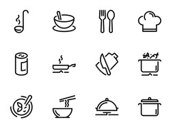 Set of black vector icons, isolated on white background, on theme Preparation of ingredients for cooking soup, hat, knife, fork, chef, cup. Line, outline, stroke