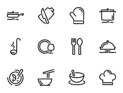 Set of black vector stroke, icons, isolated on white background, on theme Kitchenware. Cooking and serving of dishes. Line, outline, stroke
