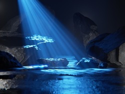 Blue spotlight on wet rock floor with stones in dark background