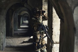 Desperate search for troops backup being stuck in trapped building. High quality photo
