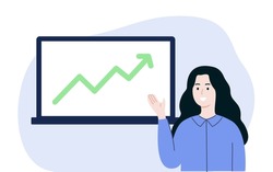 Smiling businesswoman at presentation with Positive green rising up graph board screen background. Business Success, finance growth, achievement concept. Flat vector design illustrations.