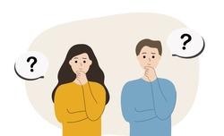 Girl and boy thinking with hand on chin with question mark speech bubble. Problem solving, idea, challenge, decision making, brainstorm concept. Flat people vector design illustration.