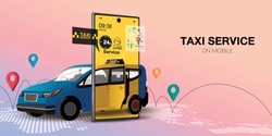 Taxi online vector illustration car ride map on smartphone application. Taxi service design of yellow car and location or navigation city map for mobile internet app - Vector
