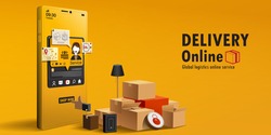 Digital Online Shop Global logistic Delivery on phone, mobile website background. concept for location shopping food shipping box. 3D vector Illustration