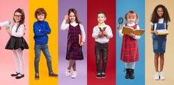 Set of multiracial happy girls and boys in trendy casual clothes with school supplies smiling at camera while standing against vibrant background in studio