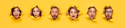 Collage of curious shocked young people peeking out of torn holes in yellow paper and looking at camera