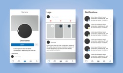 Social media network inspired by facebook. Mobile app with photos and story tile template. User profile, news, notifications and post mock up. Vector illustration template.