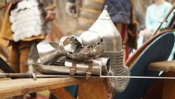 Reconstruction of a medieval jousting tournament. Inventory of knights and protective ammunition. Handmade by craftsmen. They have no historical value. 