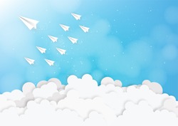 Leadership concept with white paper plane on blue sky. paper art style. Vector illustration