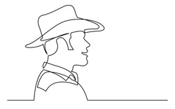 continuous line drawing of isolated on white background profile portrait of man in cowboy hat