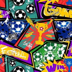 Abstract seamless football pattern with soccer ball, geometric Grunge background, comics style cell,  players men silhouette, grid, Win, Goal words drawing in graffiti style. grungy sport repeat print