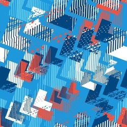 Abstract seamless arrow pattern on blue background. Grunge stripe repeat print for sport textile, fashion clothes, wrapping paper. Grungy geometric endless ornament