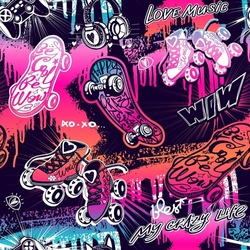 Abstract seamless Grunge girlish pattern with skateboards, roller skates, headphones, game pads and graffiti background. Street art style Repeat print for girl, fashion textile, sport clothes.