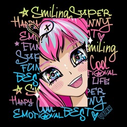 Smiling face Anime girl print. Fashion girl illustration. Manga style woman with long hair. Pretty young girl kawaii. School girl print. Calligraphy background. Lettering street art style poster.