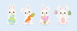 Easter cute bunny set. Collection of cartoon baby rabbits with painted eggs. Easter bundle with hare holding easter eggs, flowers and carrot.