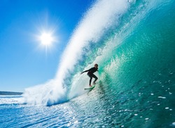 Surfer on Amazing Blue Wave in the Barrel, Epic Tube