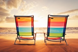 Hawaiian Vacation Sunset Concept, Two Beach Chairs at Sunset