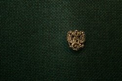 Badge with a Russian double-headed eagle on the lapel of the jacket, Russian symbols