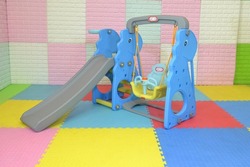 blue dinosaur slide with basketball hoop and swing Suitable for indoor playground