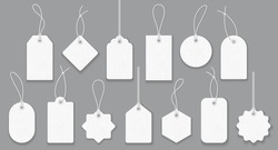 Blank white paper price tags or gift tags in different shapes. Set of labels with cord.
