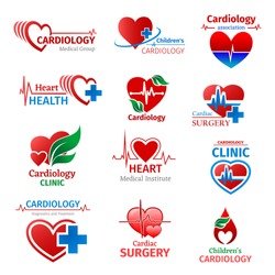 Cardiology medicine, cardiologist medical group or heart health clinic and research institute icons. Vector design of cardiogram pulse treatment pills or pharmacy cross and green leaf