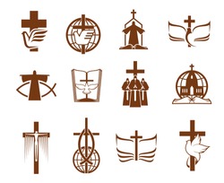 Jesus on cross, God Bible and dove vector icons of Christian religion. Religious prayers, priest and globes, angel, holy book and church, crucifix, praying hand and fish symbols of Christianity