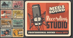 Music concert and musical instruments shop vintage retro posters. Vector sound recording studio, jazz band festival and folk music fest, DJ sound equipment and vinyl records store