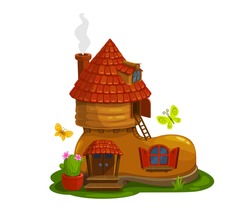 Gnome, dwarf or pixie fairytale house in shape of boot cartoon vector. Magical creature home in shoe with smoking chimney on tiled roof, cactus in flowerpot, wooden porch and flying butterflies