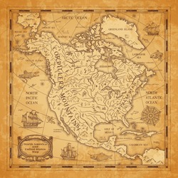 North America continent ancient map with mountain ranges, rivers and lakes names, mythological sea beasts, medieval caravel ship vector. United States of America territory map on aged, old paper