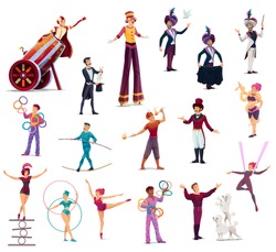 Circus cartoon characters vector performers, top tent artists clown, acrobat and man cannon ball. Trained dogs, juggler, magician or trapeze girl, woman with snake, balancer and tamer with gymnast set