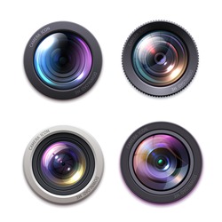 Photo camera lens, optics icons. Professional photography equipment, video camera lens with glass glossy reflections, optics violet coating and aperture blades, focusing ring 3d realistic vector