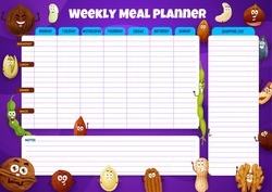 Weekly meal planner, vector week food plan with funny nuts and beans. Calendar menu for breakfast, lunch, dinner and snack with shopping list for grocery purchases. Dieting diary timetable template