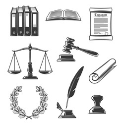 Notary, justice and court, judge power and authority icons. Vector law book, scales of justice and seal, wreath with oak leaves, judge gavel and testament parchment, quill feather and inkwell
