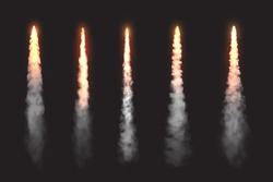 Rocket fire smoke trails, spacecraft startup launch clouds vector design elements. Space jet fire flames, airplane or shuttle straight contrails in sky, realistic 3d set isolated on black background